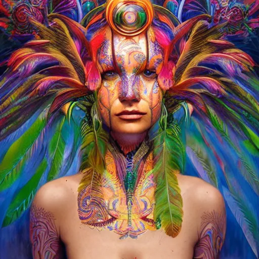 Image similar to A reality bending psychedelic ayahuasca experience, colorful, face painting, distorted, surreal, tropical bird feathers, dramatic lighting on the face, intricate, elegant, highly detailed, digital painting, concept art, smooth, sharp focus, illustration, art by Krenz Cushart and Wayne Barlowe and alphonse mucha