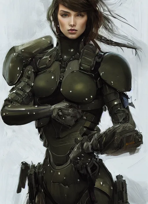 Image similar to a professional painting of a beautiful young female, clothed in military armor, olive skin, long dark hair, beautiful bone structure, symmetrical facial features, intricate, elegant, digital painting, concept art, smooth, sharp focus, illustration, from Metal Gear, by Ruan Jia and Mandy Jurgens and Artgerm and William-Adolphe Bouguerea