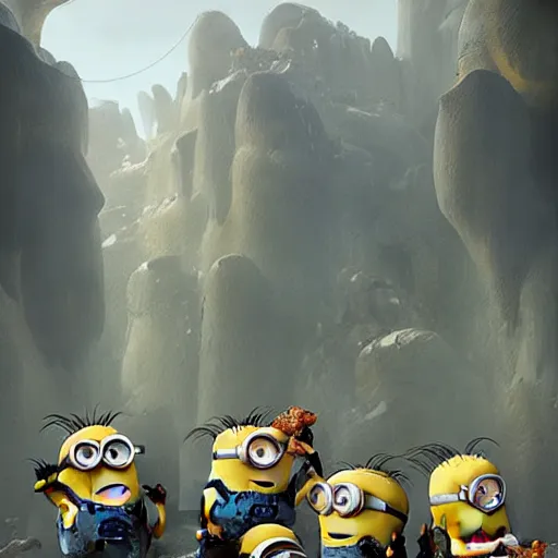 Image similar to Minions eating banana, Matte painting , detailed painting, greg rutkowski