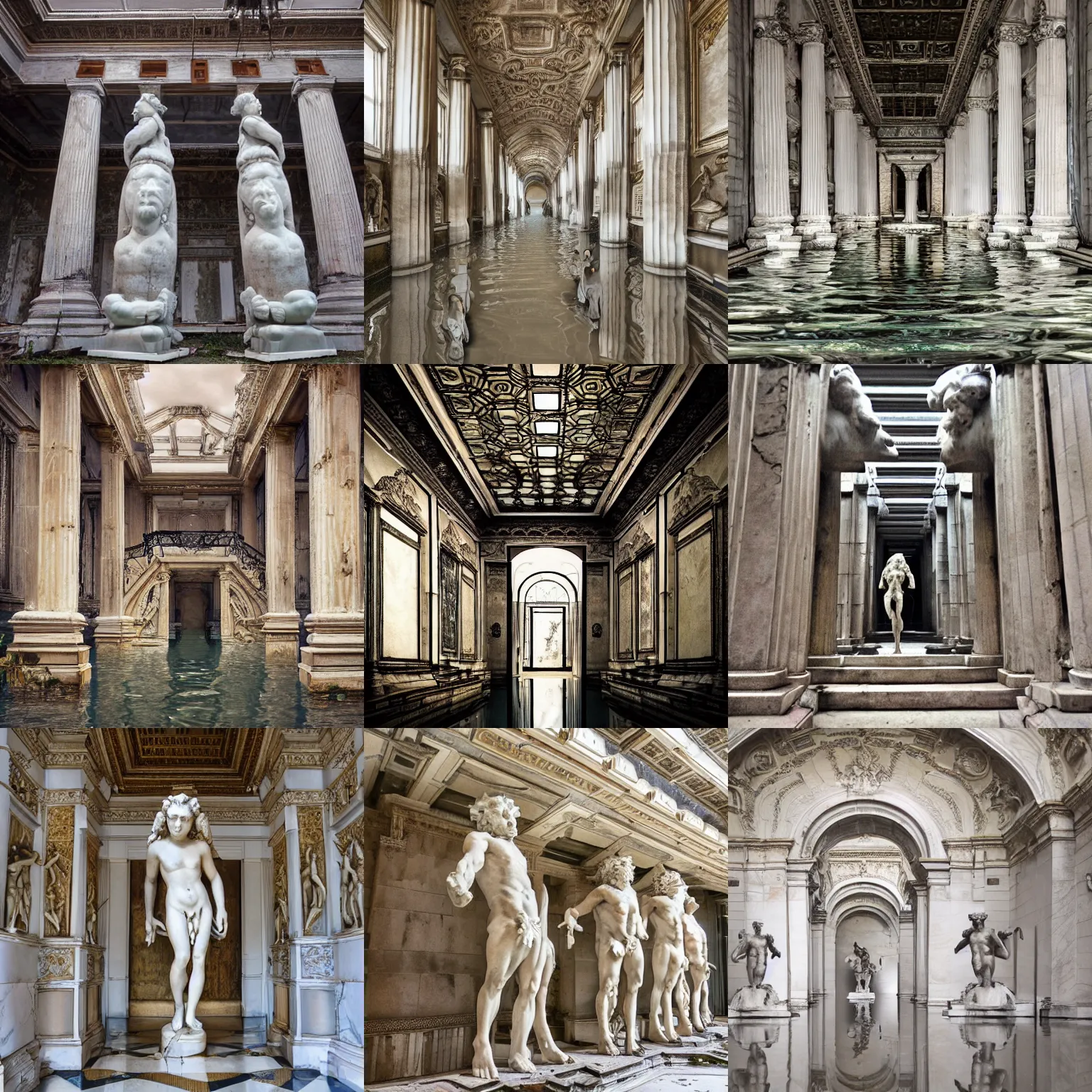 Prompt: photo piranessi symmetry of flooded vast infinite neoclassic halls and beautiful human statues myriad of huge marble staircases minotaur gods helenistic classic statues sculptures decrepit derelict abandoned - t