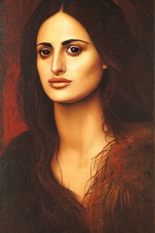 Image similar to oil painting, portrait of penelope cruz, artwork by leonardo da vinci