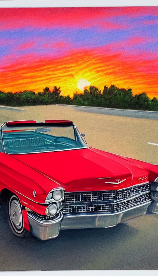 Prompt: polaroid of a 1 9 6 3 red cadillac convertible in the distance driving down empty highway into an orange sunrise, oil pastel, high detail, realistic, vintage, surrealcore, 4 k