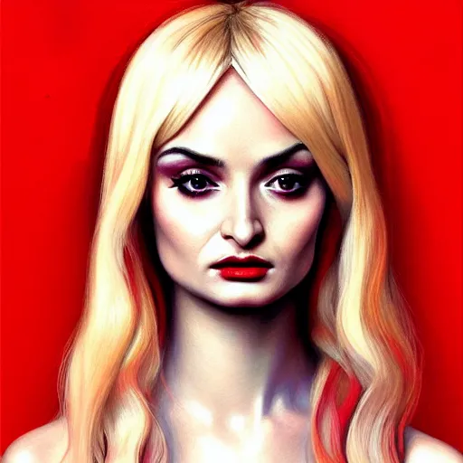 Image similar to UHD Photorealistic Kim Petras wearing a red dress with hyperrealistic, correct details, ultrarealistic dynamic lighting, symmetrical face, accurate face, in the style of art nouveau by Greg Rutkowski