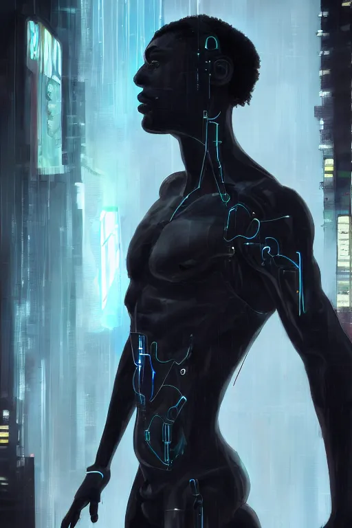 Image similar to black male cyborg body modifications hd james paick low perspective! cyberpunk city neon rain