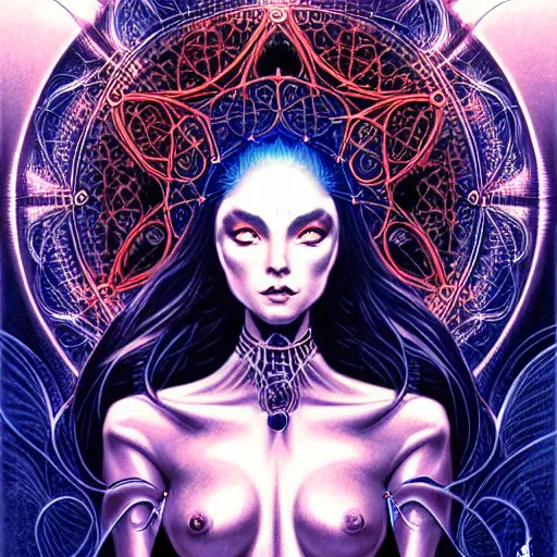 Prompt: a symmetrical portrait of a mystical feminine creature with glowing energies and particals, metal scales, surrounded by spirits, gloomy cinematic lighting, highly detailed, illustrated novel, by artgerm and druillet