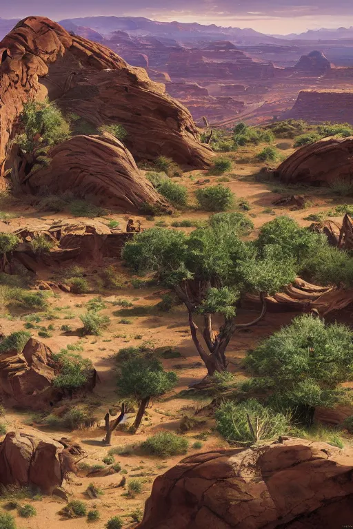 Image similar to beautiful utah desert, rock arcs, lush vegetation, landscape, alex ross, eddie mendoza, raphael lacoste, sebastian ludke, concept art, matte painting, highly detailed, rule of thirds, dynamic lighting, cinematic, detailed, magnificiant landscape, denoised, centerd