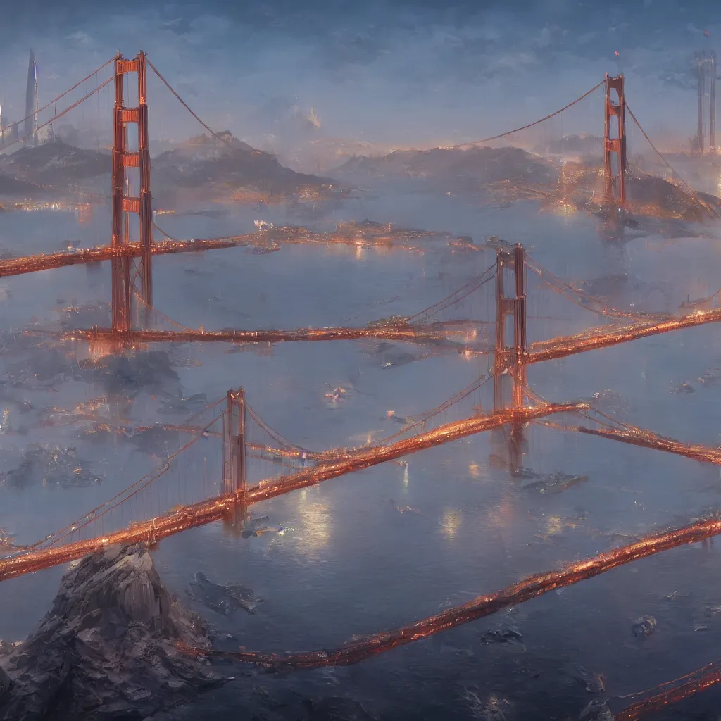 Prompt: A utopian cityscape with the Golden Gate Bridge, concept art, artstation, 4k, by Hayao Miyazaki and Craig Mullins