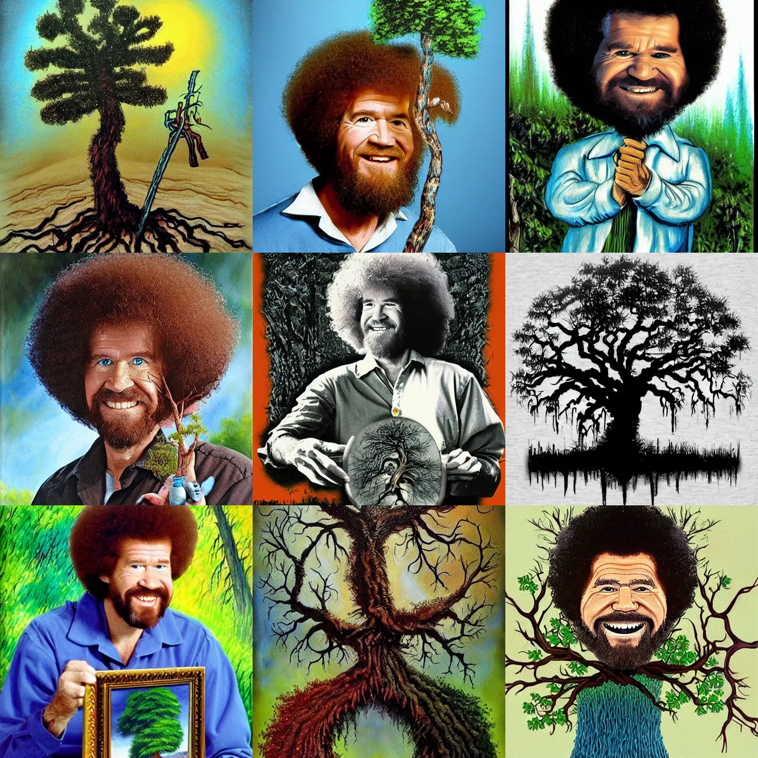 Prompt: bob ross paints a happy little tree in the style of h r giger