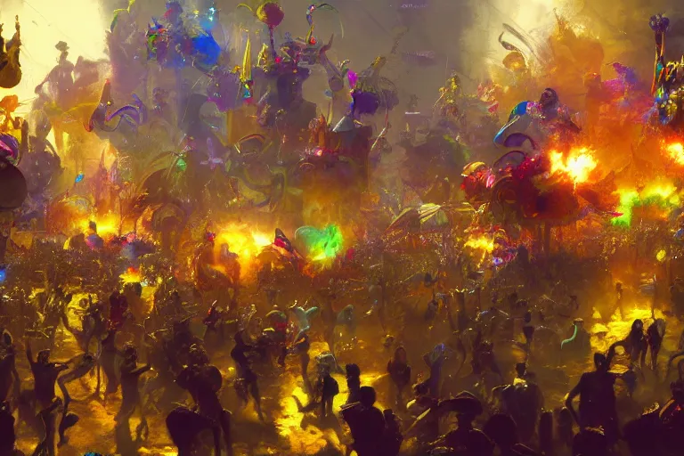 Prompt: Brazil Carnival, floats carnival, party, cinematic lighting, dramatic atmosphere, by Craig Mullins, 4k resolution, trending on artstation