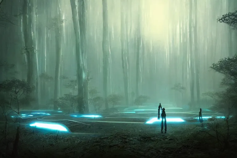 Prompt: sci - fi landscape inspired by tron : legacy surreal landscape in a magical forest, greg rutkowski, digital art, fantasy art, volumetric lightning, volumetric shadows, very high detail, unreal engine, cinematic lightning, high quality