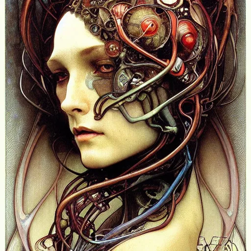 Prompt: realistic detailed face portrait of an insectoid alien by Alphonse Mucha, Amano, Charlie Bowater, Karol Bak, Greg Hildebrandt, Jean Delville, and Mark Brooks, Art Nouveau, Neo-Gothic, gothic, dark moody colors