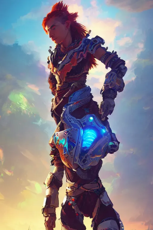 Image similar to combination suit armor aloy horizon forbidden west horizon zero dawn radiating a glowing aura global illumination ray tracing hdr fanart arstation by ian pesty and alena aenami artworks in 4 k tribal robot ninja mask helmet backpack