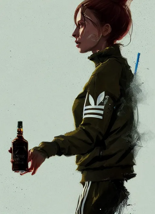 Image similar to russian slav heroine wearing an addidas tracksuit squatting with whiskey in one hand and a cigarette in the other hand. by greg rutkowski and wlop, detailed, cinematic, artstation, 8 k, intricate, rule of thirds.