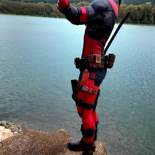 Image similar to deadpool sticking his head out of lake meed