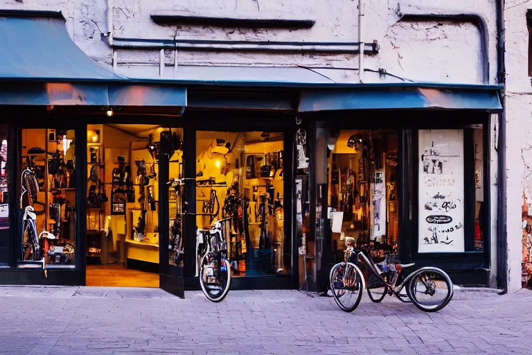 Image similar to boutique bicycle shop storefront wide angle street at dusk, cinematic lighting