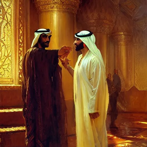 Image similar to attractive arab king confesses his love for his attractive male prince. highly detailed painting by gaston bussiere, craig mullins, j. c. leyendecker