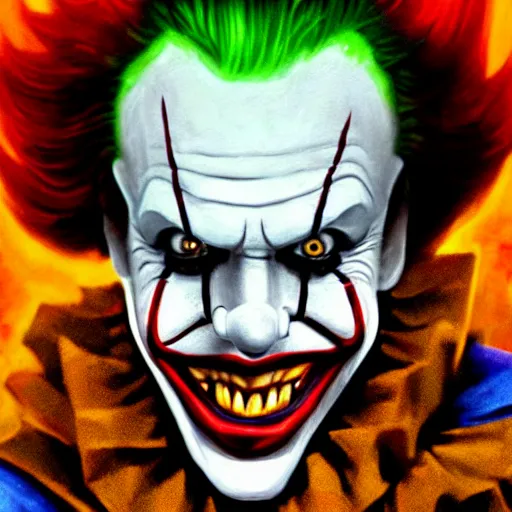 Image similar to pennywise as the joker, artstation hall of fame gallery, editors choice, #1 digital painting of all time, most beautiful image ever created, emotionally evocative, greatest art ever made, lifetime achievement magnum opus masterpiece, the most amazing breathtaking image with the deepest message ever painted, a thing of beauty beyond imagination or words, 4k, highly detailed, cinematic lighting