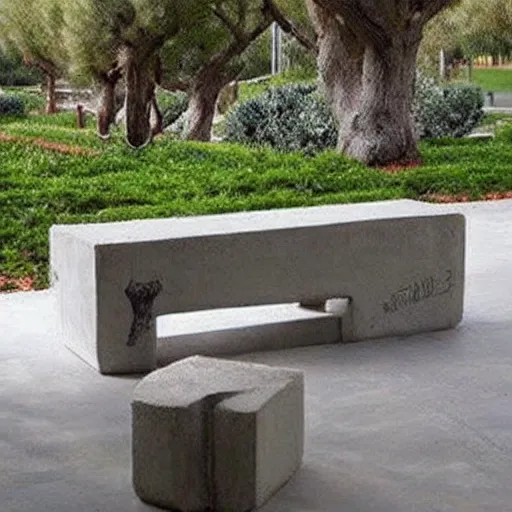 Image similar to creative concrete benches, colorful, olive trees