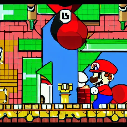 Prompt: Mario Bros fighting against a robot