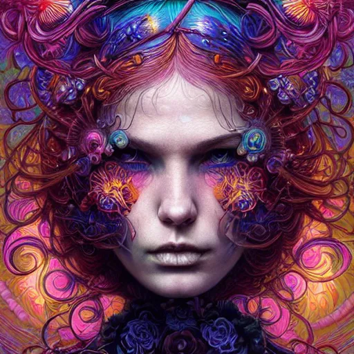 Prompt: hyper detailed masterpiece, neon floral pattern, jean giraud, digital art painting, darkwave goth aesthetic, psychedelic, artgerm, donato giancola, tom bagshaw