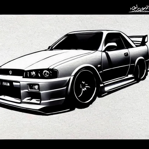 Image similar to sketches of a nissan skyline r 3 4 z tune b / w! dream