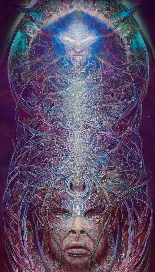 Prompt: Chromatic crystal themed painting of ancient forest psytrance monk fantasy human beautiful symmetrical face concept, infinity glyph, intricate artwork by Johnatan Wayshak, Zdizslaw Beksinski, Ayami Kojima, Amano, Karol Bak, Greg Hildebrandt, and Mark Brooks, Neo-Gothic, gothic, rich deep colors, art by Takato Yamamoto, masterpiece, face by Artgerm, H.R. Giger, very coherent artwork, cinematic, hyper realism, high detail, octane render, unreal engine, 8k, High contrast, golden ratio, trending on cgsociety, ultra high quality model, production quality cinema model