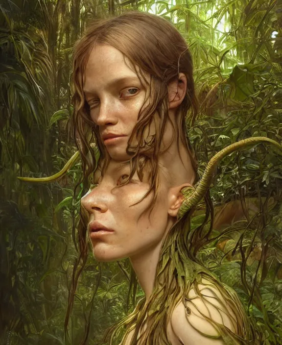 Image similar to intricate earth - toned portrait of a disturbing terrifying alien insect creature, mottling coloring, adorable, childlike, overgrown jungle environment, ultra realistic, concept art, maximalist, photorealistic, octane render, 8 k, unreal engine. art by christopher marley and artgerm and greg rutkowski and alphonse mucha