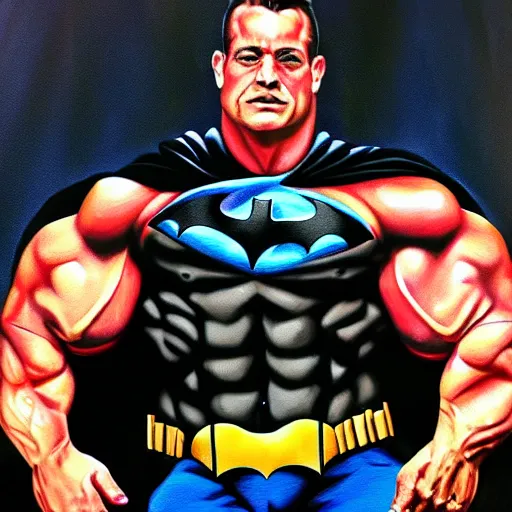 Image similar to A portrait painting of a masculine bodybuilder in the clothing of the Batman