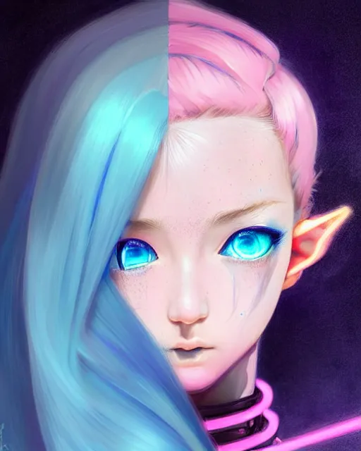 Image similar to art championship winner trending on artstation portrait of a goddess elven mecha warrior princess, head and shoulders, blue hair, matte print, pastel pink neon, cinematic highlights, lighting, digital art, cute freckles, digital painting, fan art, elegant, pixiv, by Ilya Kuvshinov, daily deviation, IAMAG, illustration collection aaaa updated watched premiere edition commission ✨✨✨ whilst watching fabulous artwork \ exactly your latest completed artwork discusses upon featured announces recommend achievement