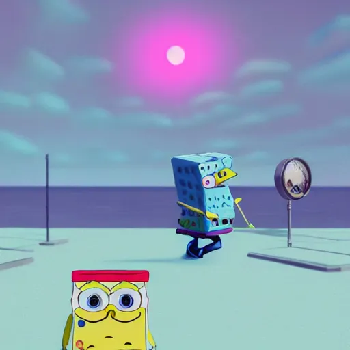 Image similar to spongebob walking on the short, realistic, digital art, by Beeple