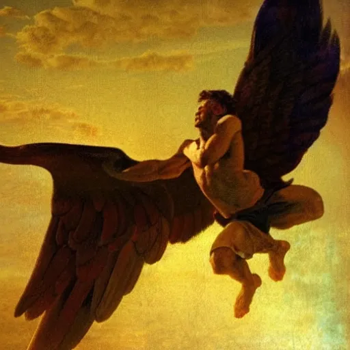 Prompt: Icarus flying too close to the sun over ancient Rome, oil painting.