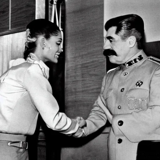 Prompt: a picture of Ariana Grande and Joseph Stalin shaking hands in a classroom, 8k, highly detailed, highly intricate, depth of field,