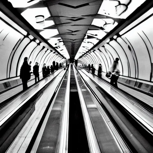 Image similar to a photography of an escalator going down, kyiv subway, artist