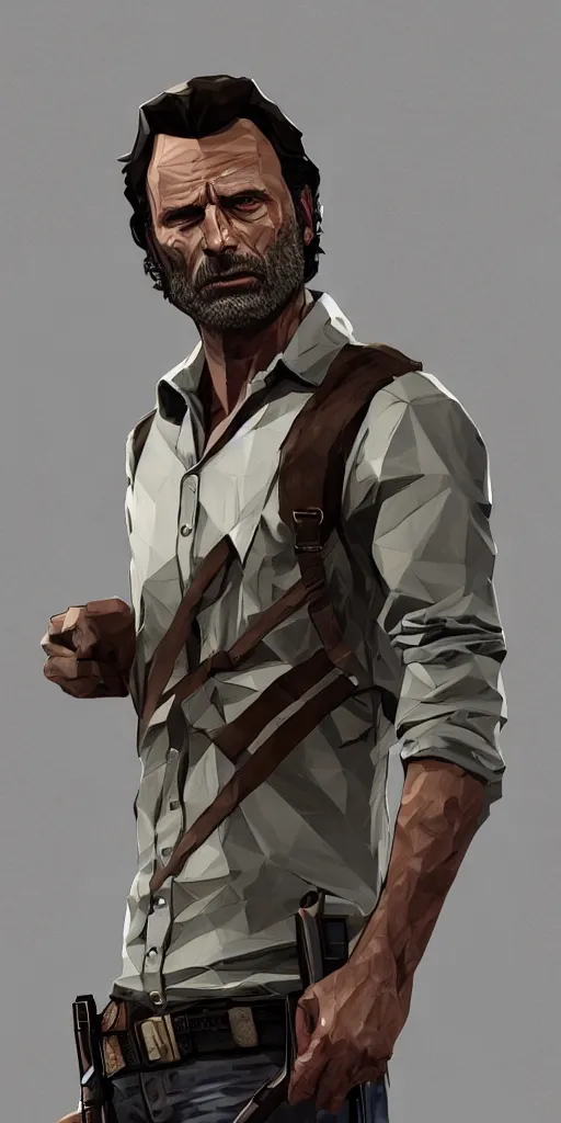 Prompt: rick grimes staring at the camera, paper craft low poly, the walking dead scene, full body shot, poster, fantasy, medieval, vivid colors, elegant, concept art, sharp focus, digital art, Hyper-realistic, 4K, Unreal Engine, Highly Detailed, HD, Dramatic Lighting by Brom, trending on Artstation