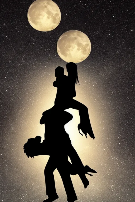 Image similar to the background is a huge moon. in the night environment, a man jumps into the air with a woman in his arms. in the middle of the moon are two figures in black silhouettes.