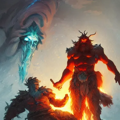 Prompt: Surtr The Giant of Flame and Ice, Fantasy Illustration by Tony Sart and Greg Rutkowski, trending on cgsociety