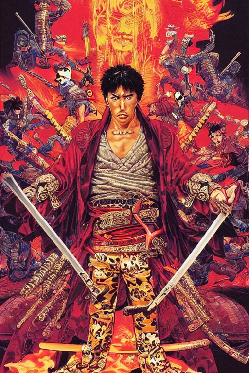 Image similar to poster of tony montana as a samurai, by yoichi hatakenaka, masamune shirow, josan gonzales and dan mumford, ayami kojima, takato yamamoto, barclay shaw, karol bak, yukito kishiro