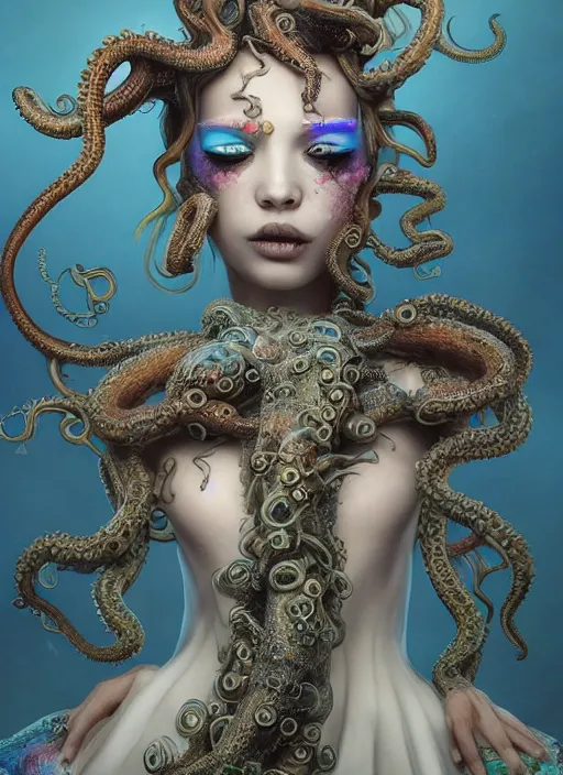 Image similar to A full body shot of a cute and mischievous monster girl made of tentacles wearing an ornate ball gown covered in opals. Fancy Dress. Subsurface Scattering. Translucent Skin. Rainbow palette. defined facial features, symmetrical facial features. Opalescent surface. beautiful lighting. By Giger and Ruan Jia and Artgerm and WLOP and William-Adolphe Bouguereau. Photo real. Hyper-real. Photorealism. Fantasy Illustration. Sailor Moon hair. Masterpiece. trending on artstation, featured on pixiv, award winning, cinematic composition, dramatic pose, sharp, details, Hyper-detailed, HD, HDR, 4K, 8K.