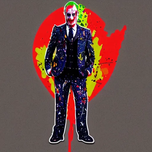 Prompt: die cut sticker, saul goodman wearing the joker suit, splatter paint