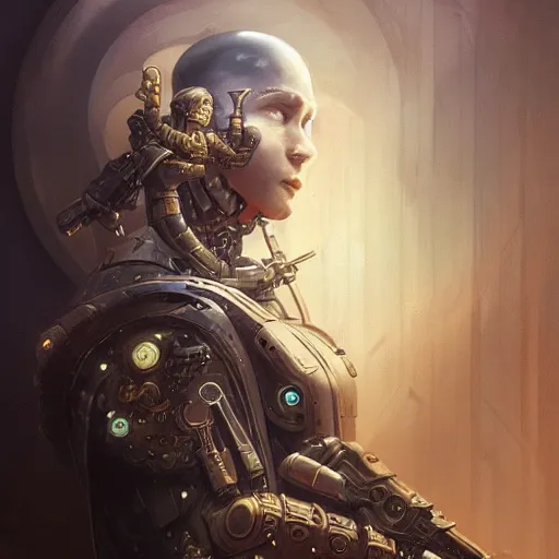 Image similar to a mysterious portrait of a cyborg bodyguard, handsome, premium cybernetics, D&D, fantasy, intricate, smooth, golden ratio, cel-shaded 3d artwork by Peter mohrbacher and Wayne barlowe