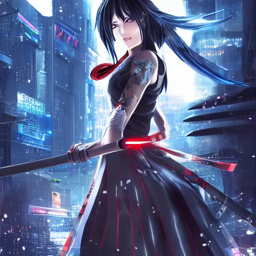 Image similar to advanced digital anime art, cyberpunk girl with silver and red eyes with long black hair wielding a katana , painted by RossDraws in the style of Makoto Shinkai, very high detail, medium sensor , Gaussian blur, f/15 , 35mm —W 1920 —H 1080