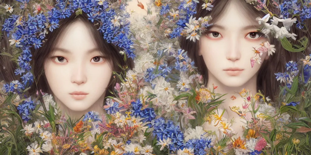 Image similar to breathtaking detailed concept art painting of the goddesses of cornflower flowers, orthodox saint, with anxious, piercing eyes, ornate background, amalgamation of leaves and flowers, by Hsiao-Ron Cheng, James jean, Miho Hirano, Hayao Miyazaki, extremely moody lighting, 8K