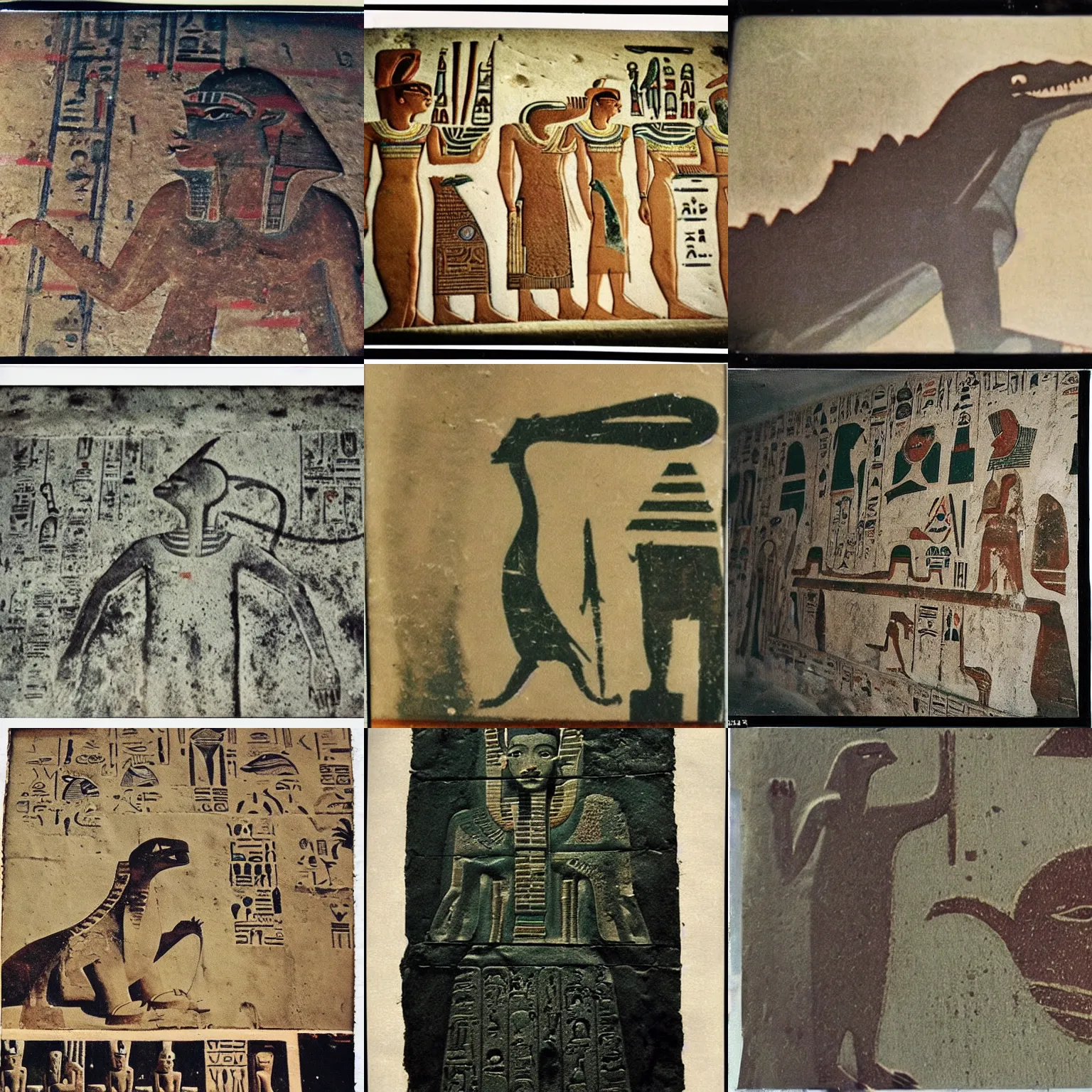 Prompt: old polaroid from 1 9 5 2 depicting an egyptian wall painting of godzilla and hieroglyphs
