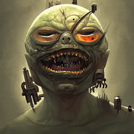 Image similar to minimalist cyborg goblin with maniacal expression and bulging eyes inside byzantine hong kong hoarder labaratory, portrait by by greg rutkowski and h. r. giger and stalenhag and deak ferrand, studio ghibli composition