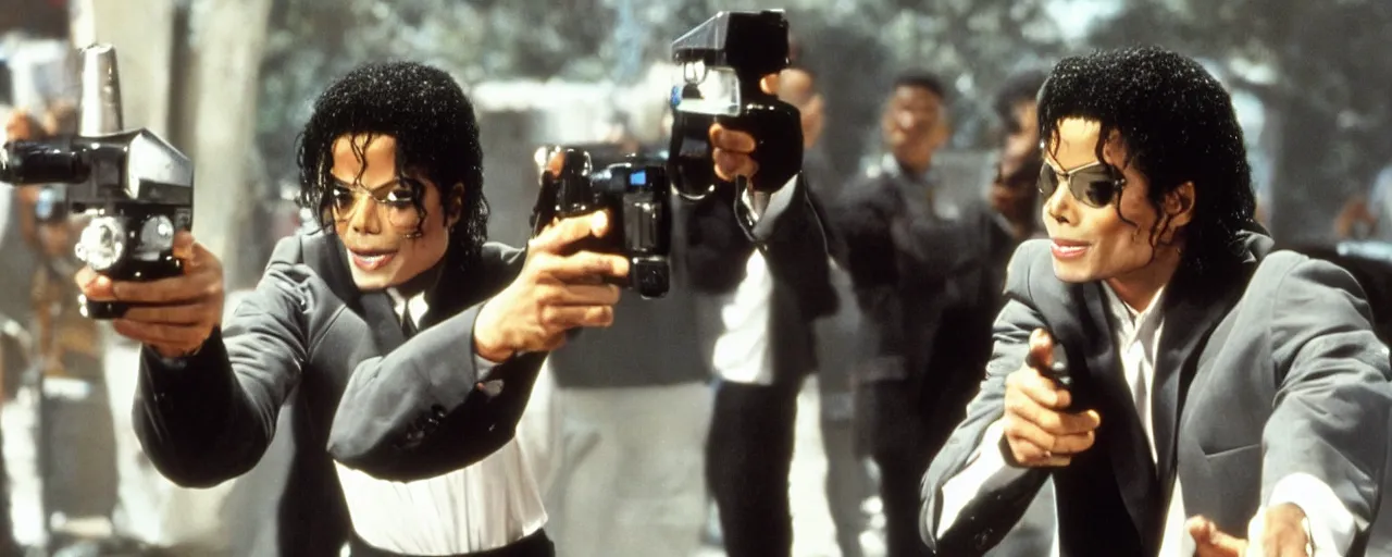 Prompt: michael jackson with very short hair in men in black pointing the neuralyzer at will smith