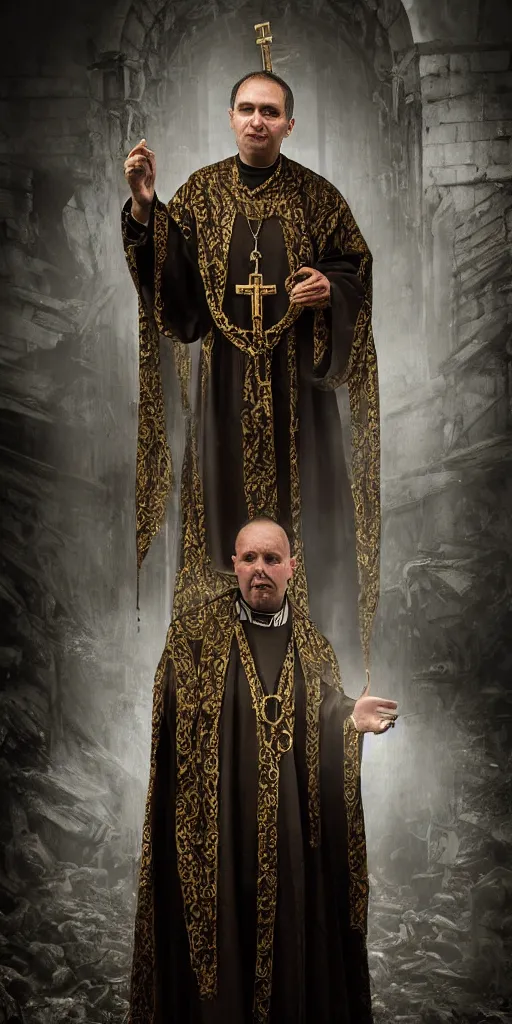 Image similar to a highly realistic and detailed full Priest standing in a dark dirty basement holding a rosary, wide angle 70mm lens, volumetric haze, front facing camera, symmetrical, photorealistic, insanely detailed and intricate, epic, hyper realistic, elegant, ornate, elite, horror, creepy, ominous, haunting, cinematic lighting, unreal engine, cinematic centered camera, high detail, no blur, unreal engine 8k
