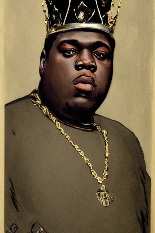 Image similar to portrait of biggie smalls with kings crown and royal outfit, modern, eclectic, illustration, by ramon casas