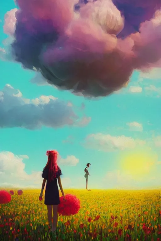 Image similar to giant flower head, girl walking in a flower field, surreal photography, sunrise, dramatic light, impressionist painting, colorful clouds, digital painting, artstation, simon stalenhag