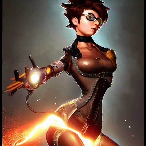Image similar to painting of tracer in a skintight dress, steampunk, by dan hillier and charlie bowater 4 k post - processing highly detailed, trending on artstation, cinematic lightning, volumetric lightning, highly detailed, extreme detail, full details, - s 1 5 0