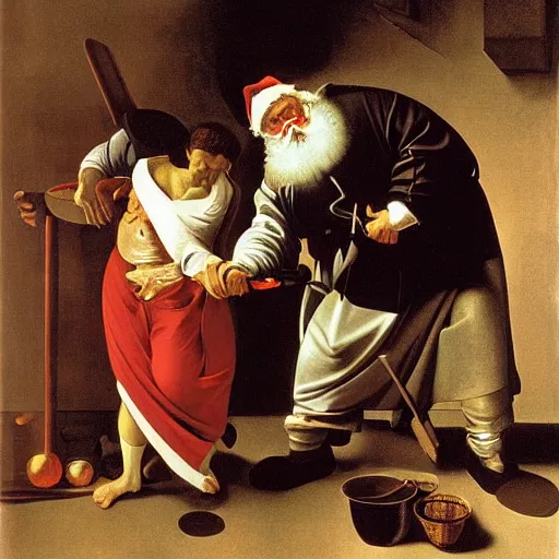 Prompt: Santa pouring burning a Christmas tree Painted by Caravaggio